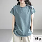 【初色】休閒百搭純色拼接寬鬆圓領短袖T恤上衣─共5色─69360(M─2XL可選) M 藍色