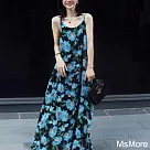 【MsMore】 碎花吊帶大碼連身裙海邊度假沙灘裙超仙旅遊長裙# 121719 M 深藍色
