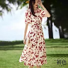 【初色】緹花印花V領收腰連衣裙短袖碎花連身洋裝長洋裝─米色─34572(M─2XL可選) L 米色