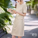 【初色】小香風圓領連衣裙珍珠裝飾短袖連身洋裝長洋裝─杏色─34589(M─2XL可選) L 杏色