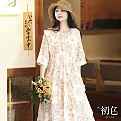 【初色】夏日圓領玫瑰印花連身裙短袖中長裙連身洋裝─杏色─33775(M─2XL可選) L 杏色