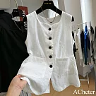 【ACheter】 新款高端純亞麻氣質修身西裝馬甲薄款無袖背心外套短版上衣# 122787 M 白色