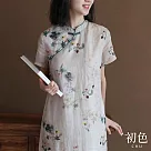 【初色】立領復古碎花印花寬鬆顯瘦旗袍短袖連身裙洋裝─杏色─35275(M─2XL可選) L 杏色