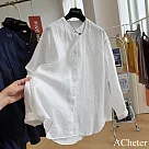 【ACheter】 亞麻感別致圓領襯衫長袖防曬空調寬鬆休閒氣質中長上衣# 122872 2XL 白色