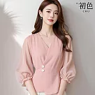 【初色】法式氣質純色V領燈籠袖七分袖上衣女上衣─粉色─37099(M─2XL可選) M 粉色