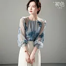 【初色】法式雪紡藍色碎花圓領七分袖燈籠袖襯衫上衣女上衣─藍色─37906(M─2XL可選) M 藍色