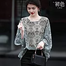 【初色】碎花印花圓領燈籠袖七分袖寬鬆襯衫T恤輕薄小衫上衣女上衣─灰綠─37907(M─2XL可選) M 灰綠