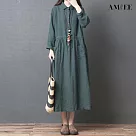 【AMIEE】棉麻翻領長袖襯衫連身裙洋裝(KDDQ─0634) M 綠色