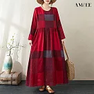 【AMIEE】棉麻度假風旅遊中長款連身裙洋裝(KDDQ─8295) L 紅色格子