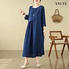 【AMIEE】棉麻長袖連身裙洋裝(KDDQ─9510) M 藏藍色