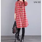 【AMIEE】棉麻格子長袖襯衫連身裙洋裝(KDTQ─6008) M 紅色