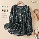 【AMIEE】棉麻碎花長袖不規則花邊圓領女上衣T恤(KDTQ─798) M 綠色