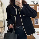 【初色】小香風韓版粗毛呢撞色邊條圓領長袖西裝外套女外套─黑色共兩款─38505(M─4XL可選) XL 黑色加厚款