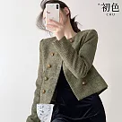 【初色】小香風復古純色雙排兩粒扣圓領長袖粗花呢外套女外套─綠色─38385(M─XL可選) XL 綠色