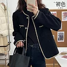 【初色】法式復古小香風撞色包邊珍珠釦寬鬆毛呢圓領開衫長袖外套女外套─共2色─38477(M─XL可選) XL 黑色