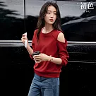 【初色】不規則設計純色圓領露肩長袖T恤上衣女上衣─紅色─37793(M─3XL可選) M 紅色