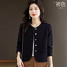 【初色】小香風純色圓領短版針織單排釦長袖外套女外套─共2色─38894(F可選) F 黑色