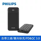 【Philips 飛利浦】10000mAh PD18W 自帶線2孔輸出行動電源 自帶3線/Lighting/Type─C/USB(DLP1912) 黑色