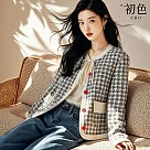 【初色】韓系小香風格紋千鳥格大口袋綁繩圓領長袖外套女外套─黑色─38956(M─3XL可選) XL 黑色