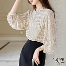 【初色】小波點七分袖燈籠袖圓領雪紡衫襯衫上衣女上衣─米白色─33284(M─2XL可選) M 米白色
