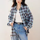 【ACheter】 韓系撞色格紋防曬長袖襯衫慵懶休閒上衣chic寬鬆中長外罩上衣# 124403 M 藍色