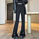 【MsMore】 黑色蕾絲開叉微喇西裝高腰垂感闊腿褲直筒休閒喇叭長褲# 124696 M 黑色