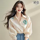 【初色】通勤風韓系花朵印花簡約翻領寬鬆燈籠袖七分袖襯衫上衣女上衣─杏色─10946(M─2XL可選) M 杏色