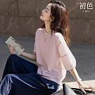 【初色】純色圓領撞色線條燈籠袖七分袖T恤上衣女上衣─共2色─11487(M─2XL可選) M 粉色