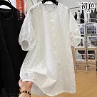 【初色】韓系純色休閒鏤空蕾絲V領燈籠短袖連衣短裙連身洋裝短洋裝─白色─11851(M─2XL可選) L 白色