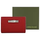 LONGCHAMP ROSEAU系列竹節卵石紋牛皮口袋三折翻蓋短夾 紅
