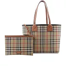 BURBERRY London 經典格紋棉質帆布小型托特包 (石楠木棕/黑色)