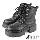 【Pretty】女 馬丁靴 短靴 綁帶靴 厚底 拉鍊 短筒 EU38 黑色