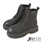 【Pretty】女 馬丁靴 短靴 綁帶靴 軍靴 黃靴 厚底 拉鍊 短筒 刷毛 EU38 黑色