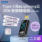Kamera Type─C母輸入 轉Lightning公輸出 電流電壓功率數據顯示轉接頭─透明黑(2入)─35W/20V/1.75A PD2.0 快充 充電傳輸二合一