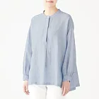[MUJI無印良品]女有機亞麻水洗直紋立領長版衫XS~S煙燻藍