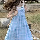 【MsMore】 溫柔風森林假兩件藍格子吊帶連身裙超仙甜美背帶長洋裝# 121732 M 藍色