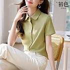 【初色】純色翻領短袖單排扣襯衫上衣女上衣-共3色-33952(M-2XL可選) M 綠色