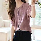 【初色】純色壓褶圓領短袖泡泡袖襯衫上衣女上衣-紫色-33967(M-2XL可選) M 紫色