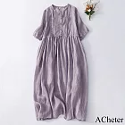 【ACheter】 森系蕾絲拼接貼木耳領連身裙兩層有口袋版純色短袖圓領洋裝# 121899 M 紫色