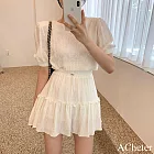 【ACheter】 韓國泡泡短袖短款上衣高腰+木耳邊半身短裙兩件式套裝# 121980 FREE 白色