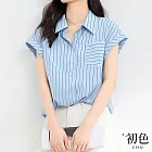 【初色】寬鬆翻領拼色條紋短袖襯衫上衣女上衣-藍色-34590(M-2XL可選) M 藍色