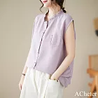 【ACheter】 復古甜美木耳領襯衫氣質無袖棉麻感上衣純色中長# 121874 M 紫色