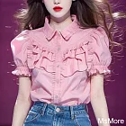 【MsMore】 今年流行的漂亮小衫獨特別致絕美短版上衣粉色短袖襯衫# 122178 M 粉紅色
