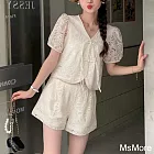 【MsMore】 鏤空蕾絲盤扣短袖上衣搭配短褲洋氣時尚兩件套裝# 122189 M 米白色
