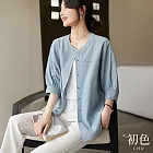 【初色】純色寬鬆輕薄立領排釦五分袖短袖外套襯衫上衣女上衣-藍色-33463(M-2XL可選) M 藍色