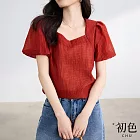 【初色】清涼感簡約方領泡泡袖短袖肌理紋輕薄T恤上衣女上衣-磚紅色-33510(M-2XL可選) M 磚紅色