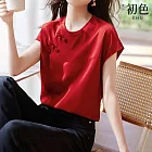 【初色】中式純色圓領盤扣T恤短袖上衣女上衣-深紅色-33452(M-2XL可選) M 深紅色