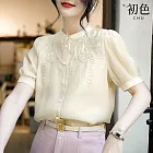 【初色】珍珠刺繡氣質立領輕薄透氣短袖襯衫上衣-米白色-69438(M-2XL可選) M 米白色