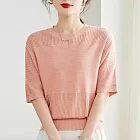 【MsMore】 鏤空圓領短袖百搭針織衫顯瘦短款上衣薄款# 122343 FREE 粉紅色