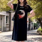 【MsMore】 刺繡國風新中式冰絲連身裙短袖長版直筒顯瘦洋裝# 122347 M 黑色